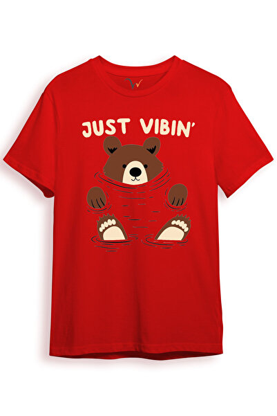 WİDİ Just Vibin Slatki Medvedić Štampano Regular Fit 100% pamuk Crveni T-shirt