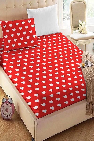 Else Halı Red and White Heart Patterned Elastic Single Pillowed Elastic Sheet Set 90x190cm