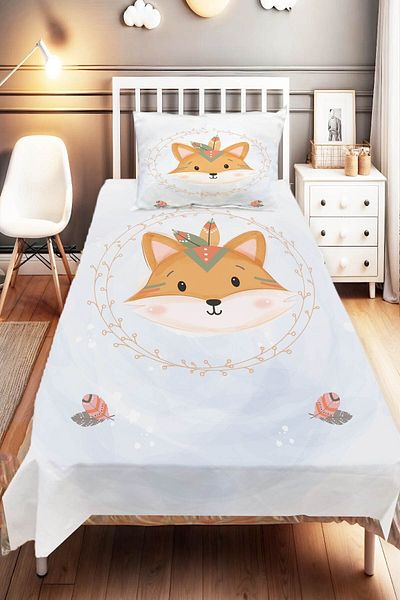 Else Dekor Blue Brown Patterned Bohemian Fox Children's and Baby's Bedspread - Decorative