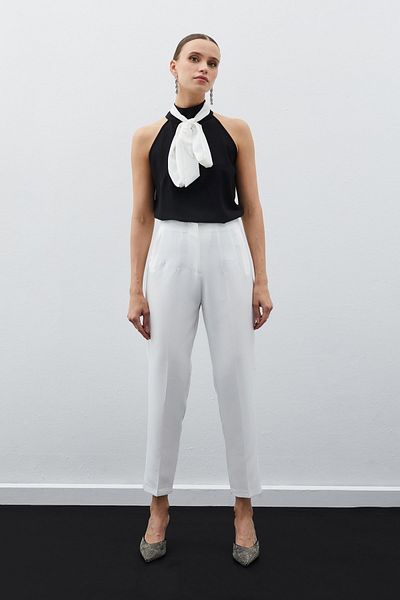 Sateen High Waist Cuffed Trousers - ECRU