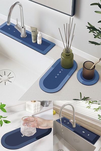 Else Dekor Else Blue Faucet Mat Set of 3 Kitchen Organizer Sink Mat Soap Dish Dish Sponge Mat