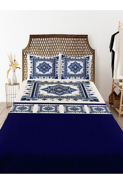 Else Dekor Double Blue and White Floral Patterned Pique Set - Bedspread