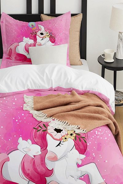 Else Dekor Pink Unicorn Horse Patterned Single Children's Duvet Cover Set Without Sheets