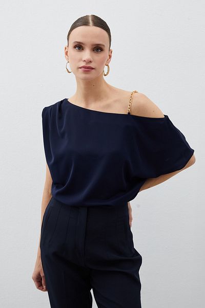 Sateen Navy Blue Casual Off-Shoulder Blouse
