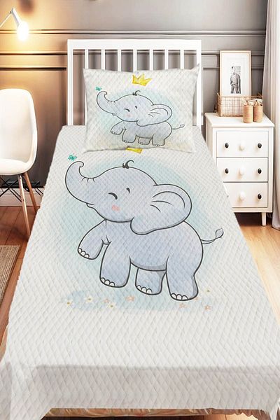 Else Dekor Single Blue Balloon Children's Pique Set - Elephant Pattern