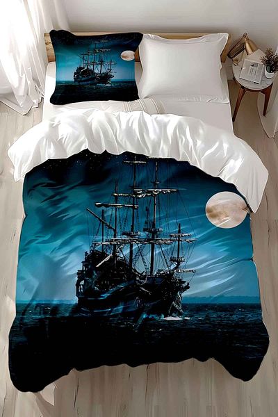 Else Dekor Set de lenjerie de pat pentru copii din satin de bumbac imprimat cu model de navă marină, single