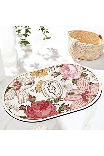 Else Halı Çiçek Desenli Su Emici Duş Önü Banyo Paspası Klozet Tek Parça Oval ...