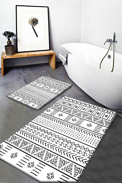 Else Halı Else Siyah Beyaz Iskandinav Desenli Yıkanabilir Kaymaz Banyo Paspas...