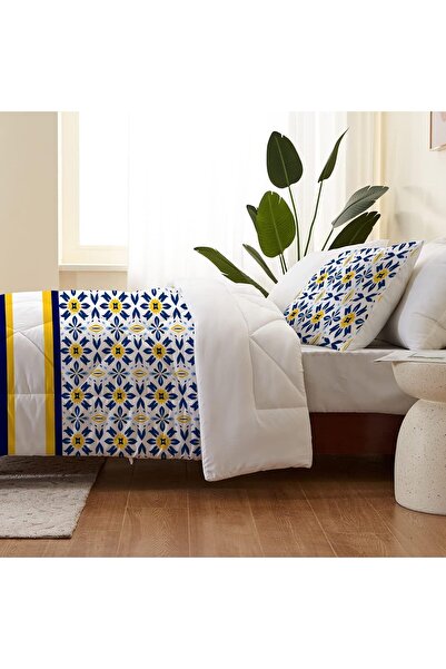 Else Dekor Односпальний та дитячий комплект постільної білизни з етнічним візерунком з мікрофібри - синьо-біло-жовтий