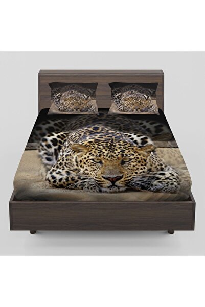 Else Halı Else Vahşi Leopar Hayvanlı Desenli Lastikli Çift Kişilik Lastikli Ç...