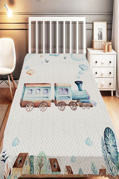 Else Dekor Single Blue Train City Patterned Children's Pique Set
