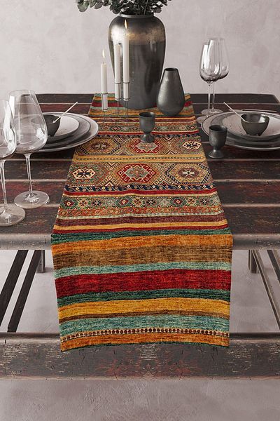Else Halı Yellow Red Authentic Ethnic Patterned Printed Stain Resistant Washable Decorative Tablecloth Runner