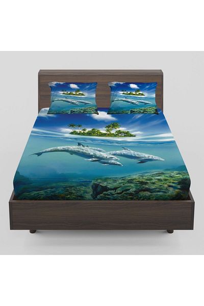 Else Halı Else Blue Dolphins Undersea Patterned Elastic Double Elastic Sheet Set 160x200cm