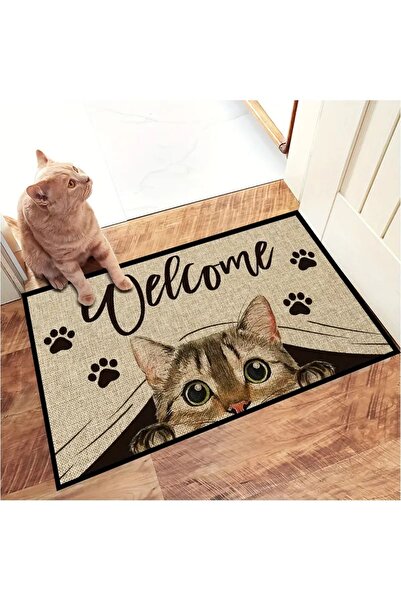 Else Halı Kedi Hoşgeldiniz Desenli Modern Iç Ve Dış Kapı Önü Paspası 40x60cm