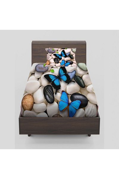 Else Halı Else Pebble Blue Butterflies 3D Patterned Elastic Single Bed Sheet Set 90x190cm