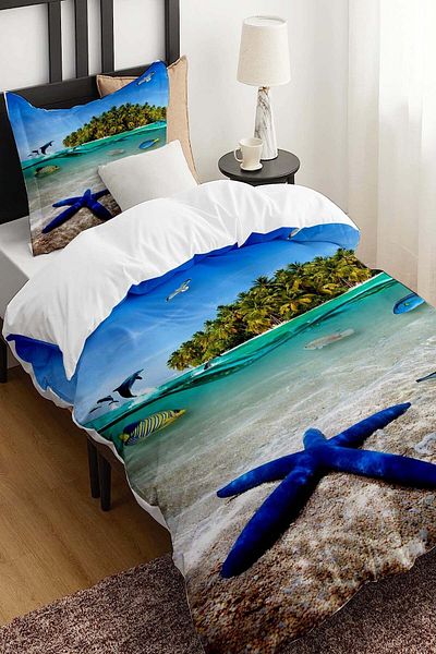 Else Dekor Tropical Island - Set de lenjerie de pat pentru copii din satin de bumbac imprimat cu model de mare