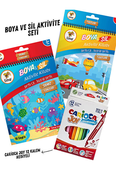 CARIOCA Lino Boya Sil Aktivite Kitabı Araçlar+Deniz Canlıları Joy 12 Kalem He...
