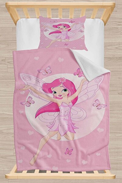 Else Halı Pembe Prenses Perili Kelebek Desenli Yatak Örtüsü Tek Kişilik Çocuk...