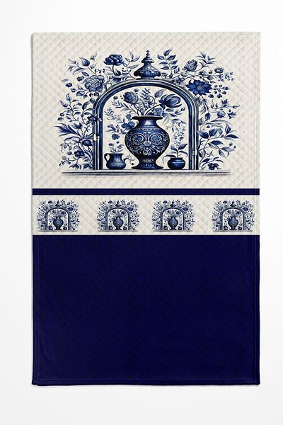 Else Dekor Double Vintage Pique Set - Blue and White Vase, Patterned Printed Bedspread