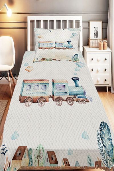 Else Dekor Single Blue Train City Patterned Children's Pique Set