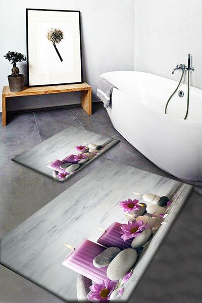 Else Halı Else Purple Candles Spa Stones Σετ 2 τεμαχίων τουαλέτας Σετ χαλάκι μπάνιου Μοκέτα