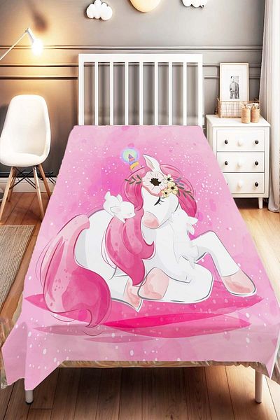 Else Dekor Pink Unicorn Horse Patterned Children's and Baby's Room Decorative Bedspread