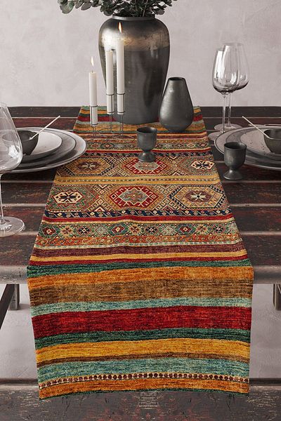 Else Halı Yellow Red Authentic Ethnic Patterned Printed Stain Resistant Washable Decorative Tablecloth Runner