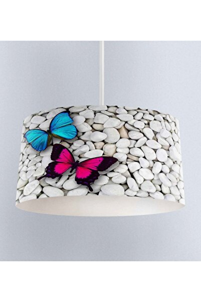 Else Halı Mavi Pembe Kelebekli Desenli Kumaş Salon 3D Sarkıt Avize