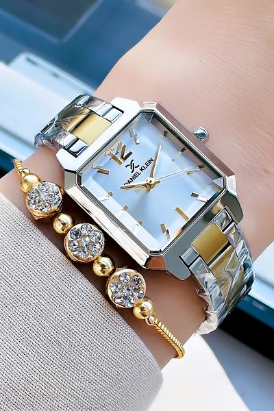 Daniel Klein 3 Atm Waterproof Original Women's Wristwatch - Gold Silver Color, Steel Cord Bracelet DKBY2022C2