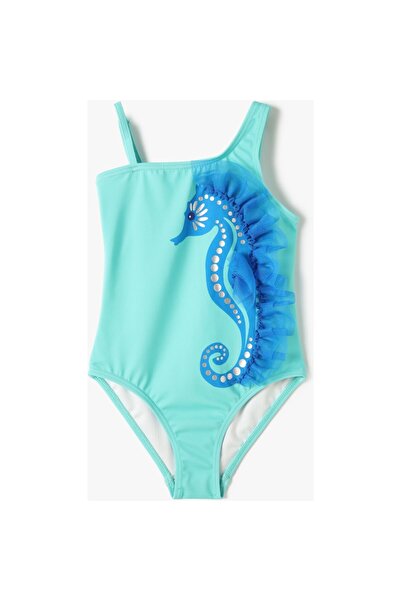 Koton Kids Koton Kız Çocuk Mayo Tek Omuz Askı Detaylı Deniz Atı Baskılı