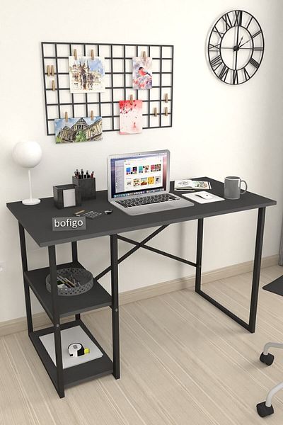 Bofigo 60*120 CM 2 Shelves Metal Study Desk Computer Desk Office Dinner Table Anthracite