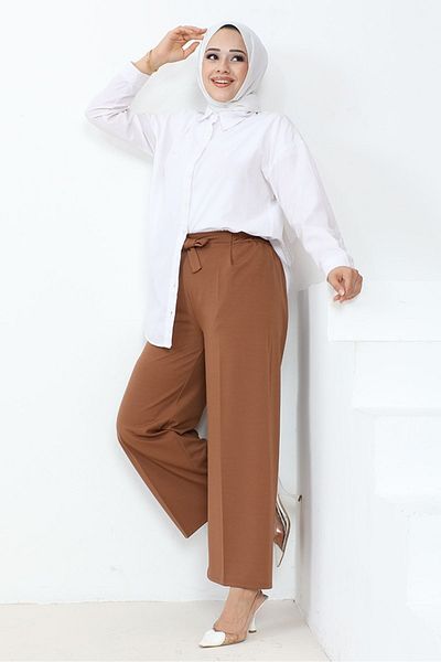 Bestenur Meva Belted Wide Leg Παντελόνι 648 - Καφέ