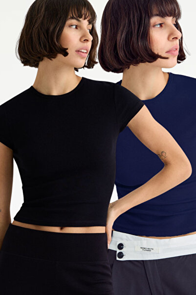 VODENS Tricou cu mânecă scurtă, negru, bleumarin, cu gât ultra moale, 100% bu...