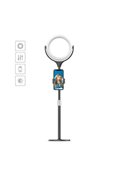 HTstore Zore F-537 30 Cm Işıklı Telefon Tutucu Ring Light-Siyah