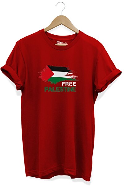 The Baski Free Palestine - Tricou roșu 100% bumbac, imprimat gratuit Palestina
