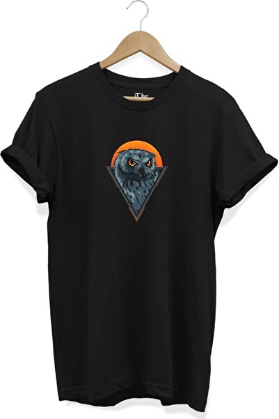 The Baski Unisex crna minimalna sova Štampano kratki rukav T-shirt