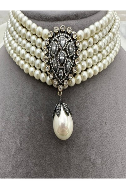 vogutima Women's Pearl Necklace - 5 Row Glass Pearl Design Choker - Diamond Setting Hurrem Sultan Model Bridal Wedding