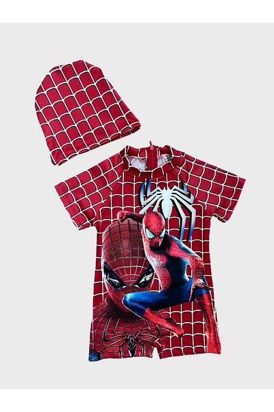 Fil Kids Boy's Red Spiderman Pattern - Short Sleeve Swimsuit with Bonnet and Protection