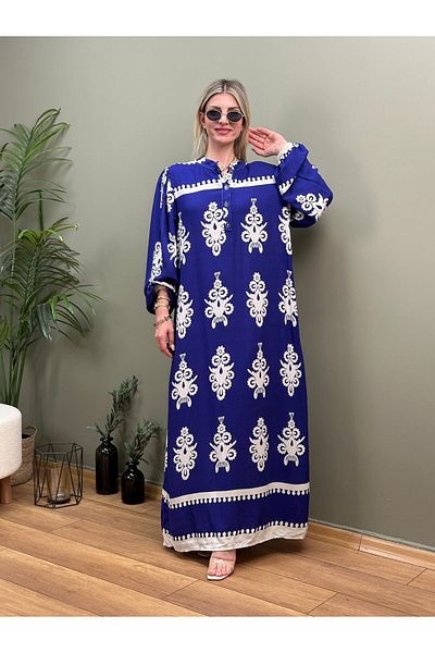 WAPP Blue Viscose Hijab Dress - Half Front Button and Balloon Sleeve Wrist Elastic