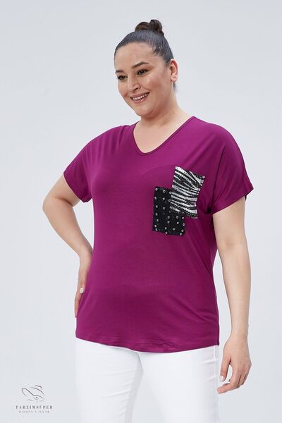 tarzımsüper Plus Size New Season Comfortable Comfort Model Pocket Detailed Short Sleeve V-Neck Combed Cotton Tunic T-Shirt