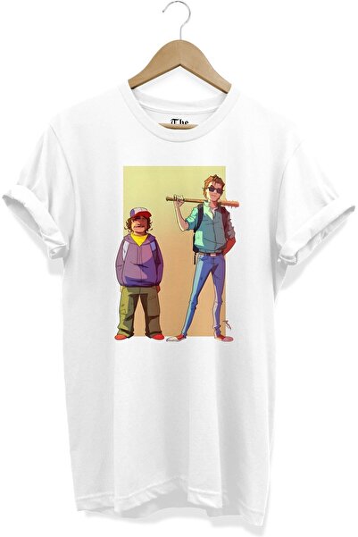 The Baski Beyaz Unisex Stranger Things Dustin Ve Steve Baskılı Minimal Kısa K...