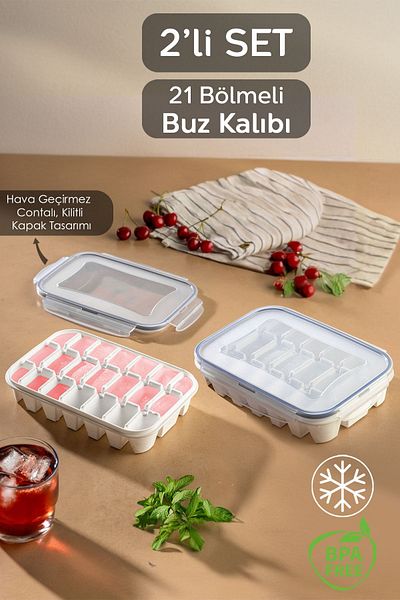 Meleni Home 2-Piece Vacuum Ice Tray Set - 21 Compartments, Leak Proof and Locked Airtight Icebox