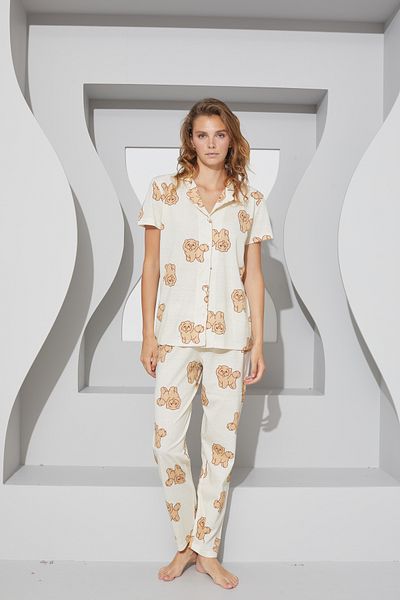 Siyah İnci Knitted Buttoned Yellow Dog Patterned Pajama Set