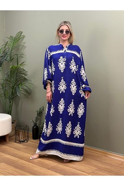 WAPP Blue Viscose Hijab Dress - Half Front Button and Balloon Sleeve Wrist Elastic