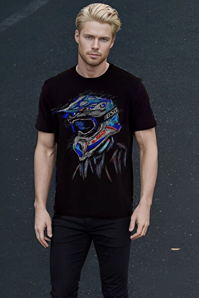 The Baski تي شيرت أسود بأكمام قصيرة مطبوع عليه خوذة موتور للجنسين