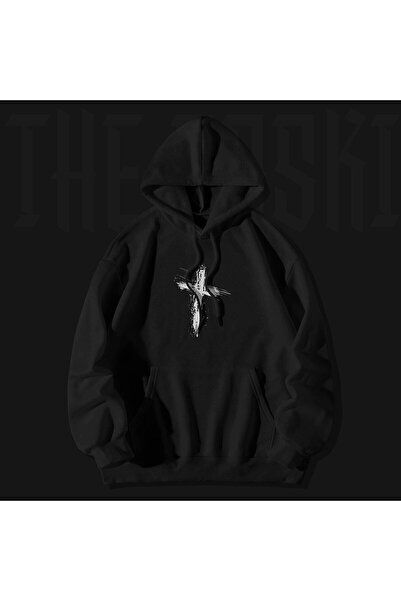The Baski Hanorac premium negru unisex cu imprimeu Jesus - semn de cruce și buzunar cangur