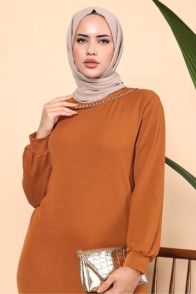 Bestenur Lunay Chain Dress 699 - Tan