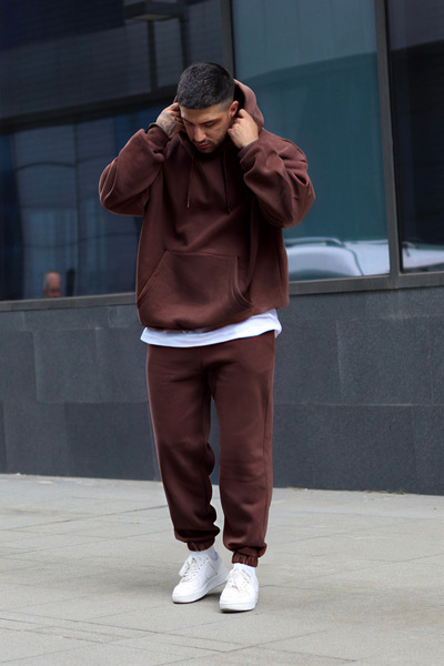 BayBayan Men's Brown Raster Hooded 3 Thread Oversize Sports Tracksuit Set