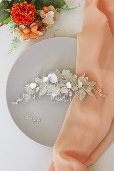 Elen Tasarım Yaprak Detaylı, Beyaz Sedef Çiçekli Gümüş Renkli Gelin Tacı