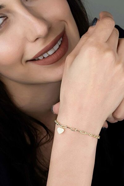 Else Silver Altın Kaplamalı Kalp Sallantılı Gümüş Bileklik